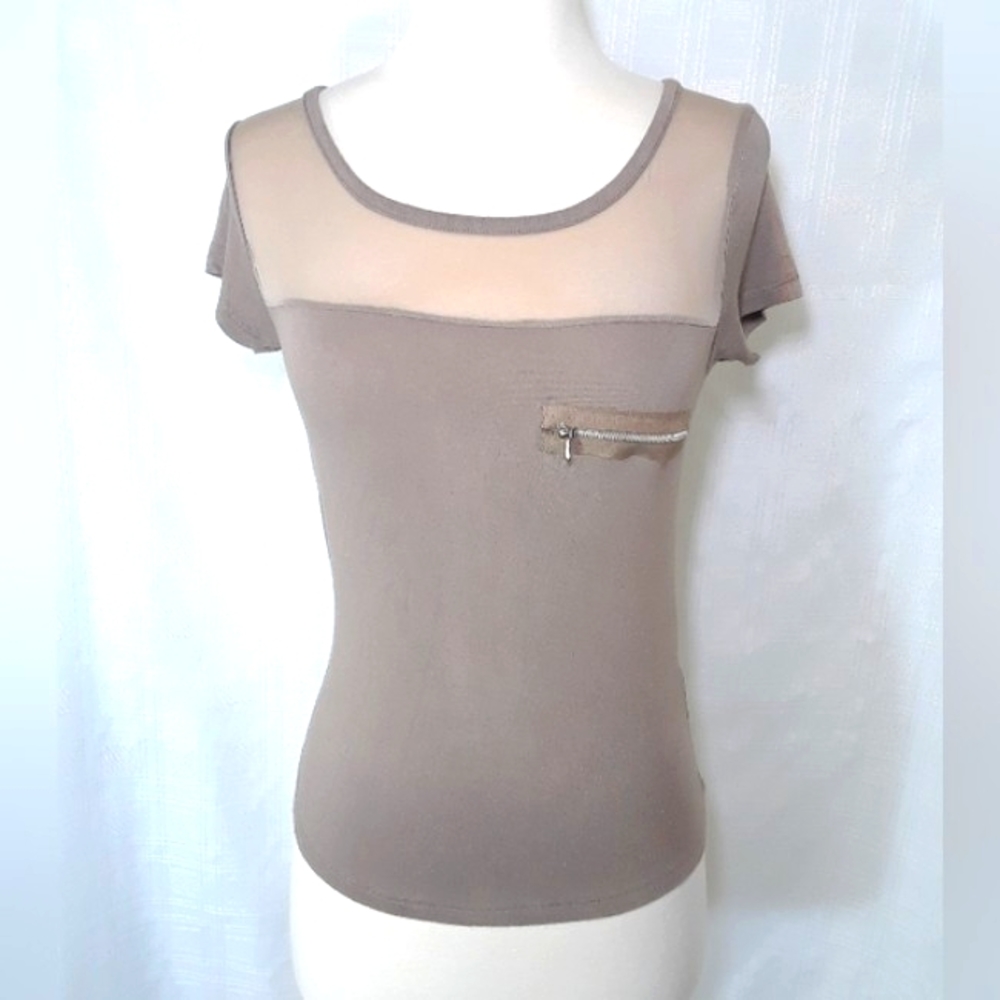 💜 Short Sleeve Splash Women Juniors Top Sheer Nylon Zipper Casual Brown Medium